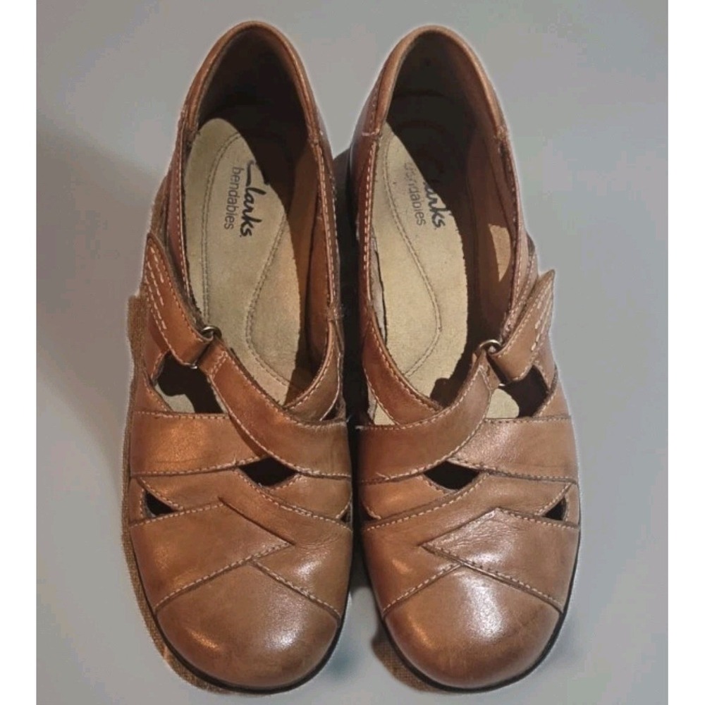 Clarks Bendables Women 6.5 Brown Leather Weave Clog Mary Jane Comfort Flats Shoe